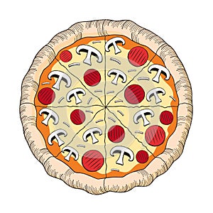 Pizza ham, mushroom - illustration/ clipart