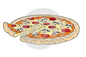 Pizza ham, mushroom - illustration/ clipart