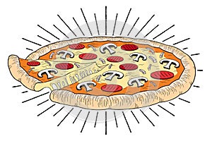Pizza ham, mushroom - illustration/ clipart