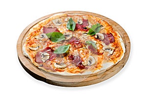 Pizza with ham and mushrooms on the board isolated on white