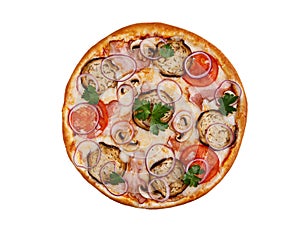 pizza with ham, mushrooms, eggplant on a white background, studio shooting 1