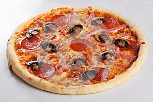 Pizza ham mushrooms pepperoni close-up side view isolated