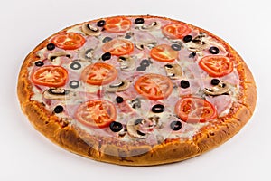 Pizza ham, mushrooms, tomatoes on a white background.
