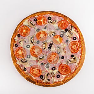 Pizza ham, mushrooms, tomatoes on a white background. Top view