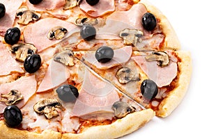 Pizza with ham, olives and mushrooms isolated on white background