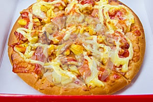 Pizza with ham and pineapple in box.