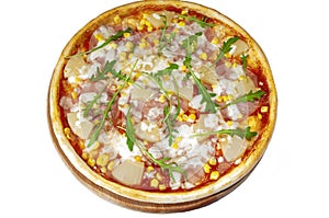Pizza with ham, pineapples, corn on wooden stand over wh