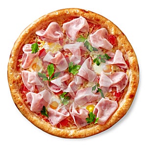 Pizza with ham, quail eggs, tomato pelati sauce, mozzarella and greens isolated on white