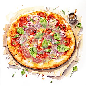 Pizza with ham, rucola, and vegetables on white background Generative AI technology,