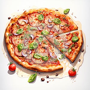 Pizza with ham, rucola, and vegetables on white background Generative AI technology,