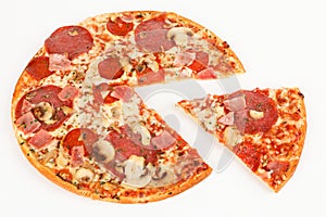 A pizza with ham and salami
