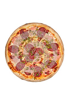 Pizza with ham, sausage and gherkins isolated on white