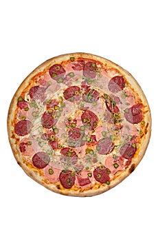Pizza with ham, sausage and gherkins isolated on white