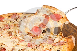 Pizza with ham and sausages