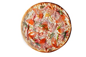 Pizza with ham and tomatoes top view isolated, white background