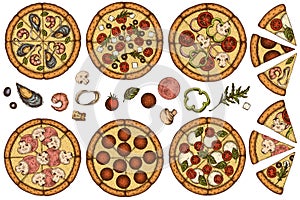 Pizza hand drawn vector illustrations collection. Colored greek, margherita, pepperoni, veggie, ham and mushrooms and