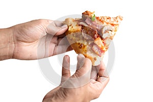 Pizza in hands isolate on white background