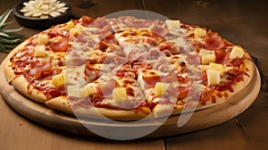 Pizza Hawaii with Pineapple on wooden plate