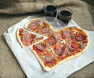 Pizza heart shaped with pepperoni,