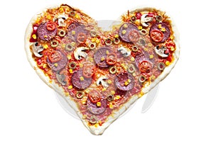 Pizza heart shaped with pepperoni, isolated on white background