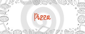 Pizza horizontal outline banner. Traditional italian fast food. Restaurant cafe menu. Whole and pieces italian pizza