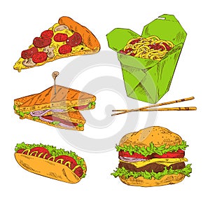 Pizza Hot Dog Sandwich Noodle and Big Hamburger