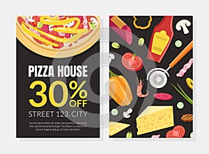 Pizza House Card Template with Cooking Ingredients, Element Can be Used for Restaurant or Cafe Menu, Flyer, Certificate