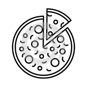 Pizza icon. Menu sign. App design. Delicious food. Line art. Freehand picture. Vector illustration. Stock image.