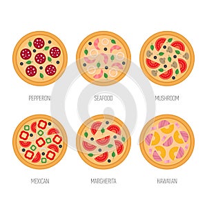Pizza icon set. 6 pizza. Flat style vector illustration.