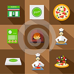 Pizza icons with pizzeria and chef set