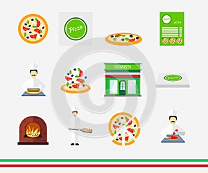 Pizza icons with pizzeria and chef set