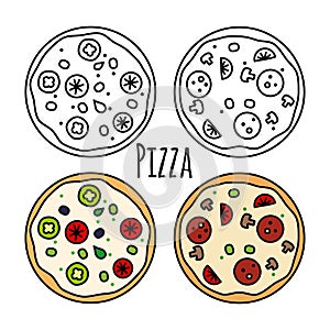 Pizza icons set. Coloring fast food vector illustration