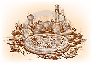 Pizza illustration drawn by hand on a white background