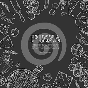 Pizza ingredients background. Linear graphic. Tomato, garlic, basil, olive, pepper, mushroom, leaf.