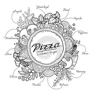 Pizza and ingredients, black outline on a white background