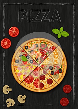 Pizza and ingredients for pizza on wood black background.