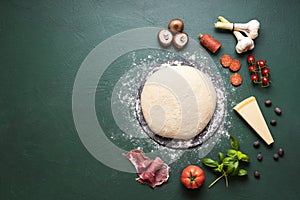 Pizza ingredients and raw dough on table. Making pizza concept