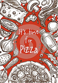 Pizza ingredients sketch frame pizzeria poster Italian cuisine