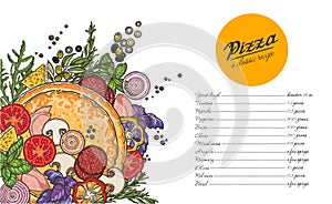 Pizza and ingredients on white background