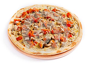 Pizza isolate, medium size, side view. Stock photo of pizza
