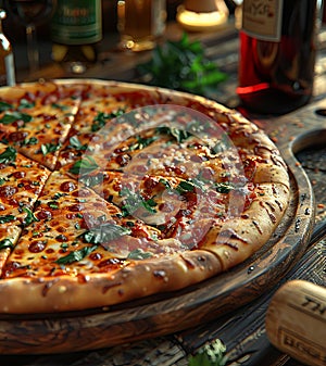 a pizza in its finished form on a wooden table with wine bottles, exotic. generative AI