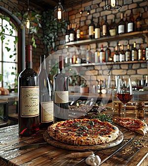 a pizza in its finished form on a wooden table with wine bottles, exotic. generative AI