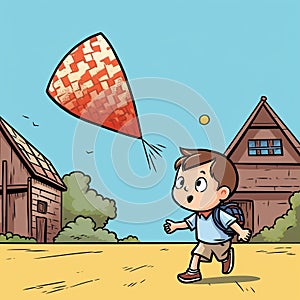 Pizza Kite Flying Boy Cartoon Illustration