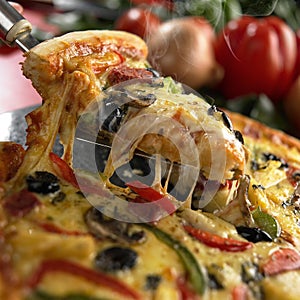 Pizza is lifted with spatula, pizza spoon. Pizza, topped with sliced â€‹â€‹meat, smoked meat, sausage slices, mushrooms, pepperoni