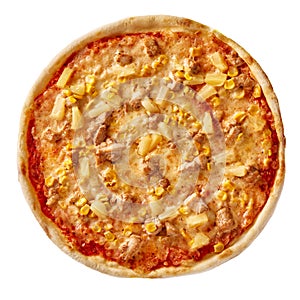 Pizza on light wooden background top view. Thin pastry crust on wooden desk.