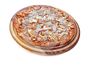 Pizza on a light wooden platter. 45 degree side view. White background