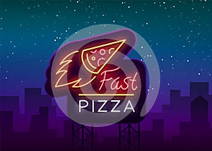 Pizza logo emblem neon sign. Logo in neon style, bright neon sign with Italian food promotion, pizzeria, snack, cafe