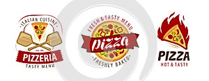 Pizza logo or label. Pizzeria, food concept. Vector illustration