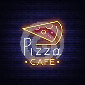 Pizza logo in neon style. Neon sign, emblem on Italian food. Pizza cafe, restaurant, fast food, dining room, pizzeria