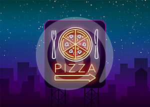 Pizza logo in neon style. Neon sign, emblem on Italian food. Pizza cafe, restaurant, fast food, dining room, pizzeria
